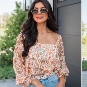 Pink Lily IN A DREAM MULTI FLORAL TIERED HEM PRINTED SQUARE NECK TOP Large